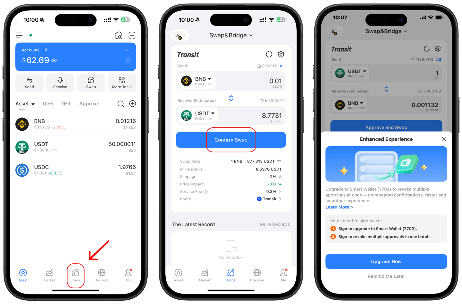 Swap gas-free: open Trade and upgrade wallet